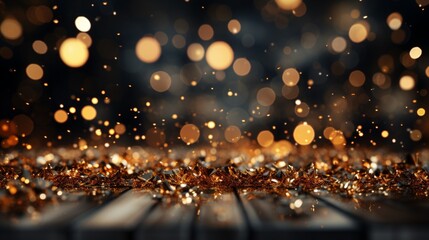 A glamorous black and gold background illuminated by sparkling lights.