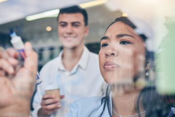 Poster - Window, glass with collaboration and brainstorming, woman is writing, project management and strategy. Ideas, leadership and business people with storyboard, workshop and goals with productivity