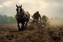 Men Working On The Farm With Horse And Plow