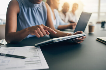Poster - Business people, hands and tablet for planning, website information and meeting agenda, FAQ or marketing research. Professional worker or employees scroll or typing on digital technology in workspace