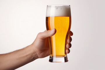 beer glass and hand on white background.