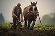 Peasant and horse plowing up field.