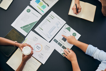 Poster - Above, marketing strategy and business people with a report in meeting and employees brainstorming in office. Teamwork, project and group in analysis of financial opportunity in Mexico workspace
