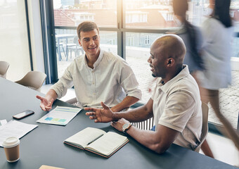 Poster - Business meeting, men and discussion, paperwork and planning with notebook, collaboration in conference room. Team, talking and notes with market research, ideas with strategy and working together