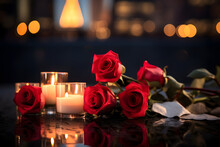 A Candlelit Memorial With Flowers Honoring The Lives