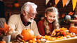 Grandparents and Grandchildren Participating in a Thanksgiving Craft Activity, happy seniors celebrating Thanksgiving, wide banner with copy space area Generative AI