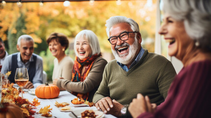 Group of Seniors Engaging in a Friendly Thanksgiving Trivia Game, Laughter Filling the Air, happy seniors celebrating Thanksgiving, wide banner with copy space area Generative AI