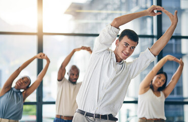 Team building, stretching and a team of business people in the office to workout for health or mobility together. Exercise, fitness and training with an employee group in the workplace for a warm up