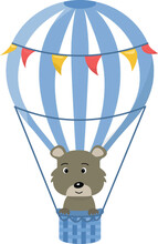 Cute Scandi Animal Is Flying In A Blue Hot Air Balloon