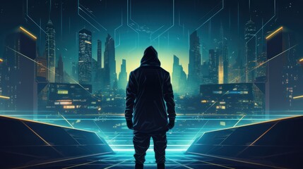 Wall Mural - Cyberpunk hacker in a futuristic setting