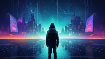 Wall Mural - Cyberpunk hacker in a futuristic setting