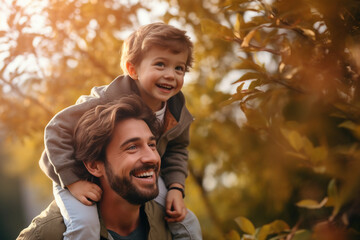 happy family father and child in the park in autumn. High quality photo