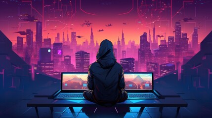 Wall Mural - Cyberpunk hacker in a futuristic setting