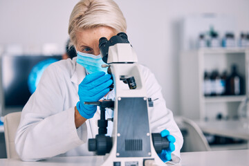 microscope, senior woman and science check with vaccine research for a pharmaceutical or medical stu