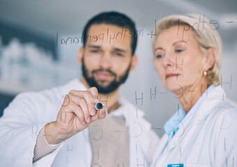 Aufkleber - Hand, science and research team writing on glass in the laboratory for planning or study. Healthcare, medical and scientist doctors in a lab together for formula development of future innovation