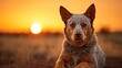 Australian cattle dog sitting in a field outside at golden hour