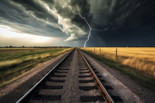 A Squall Line Comes Barrelling Across A Rail Road Crossing In The Great Plains. North Texas And Oklahoma Are Very Unique In Their Storms