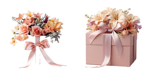 Poster - Flower filled gift box with satin ribbon on a transparent background