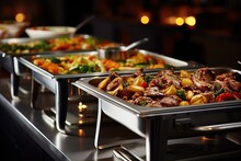 Buffet Food At Hotel Party, Stainless Steel Pan, Chafing Dish, Generative AI