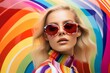 A model posing on a colorful rainbow background in sunglasses, a play of light and shadow.