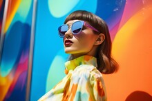 A Model Posing On A Colorful Rainbow Background In Sunglasses, A Play Of Light And Shadow.