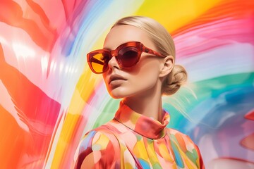 A model posing on a colorful rainbow background in sunglasses, a play of light and shadow.