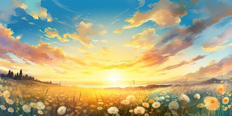 Wall Mural - painting style panorama landscape nature scenery illustration of beautiful hill with gradient sunset sky, Generative Ai