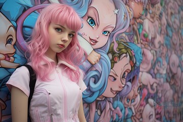 close up portrait street pose of pin hair girl with graffiti art wall background, Generative Ai