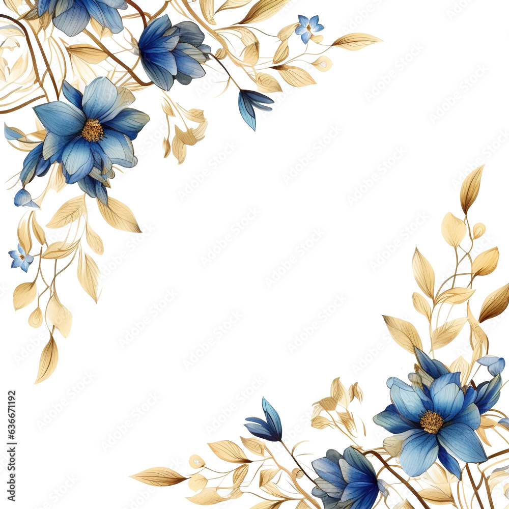 Elegant Blue Florals and Green Leaves Watercolor Frame with a Golden ...