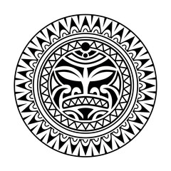 Round tattoo ornament with sun face maori style. African, aztecs or mayan ethnic mask. Black and white.