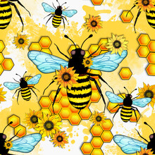 Honey Bee With Sunflowers Seamless Watercolour Pattern