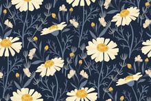 Seamless Floral Pattern, Vintage Ditsy Print With Large White Daisies On A Blue Background. Cute Botanical Design: Hand Drawn Wild Flowers, Herbs, Leaves On A Dark Field. Vector Illustration.