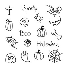 Wall Mural - Hand drawn Halloween doodle elements set. Spooky pumpkins, skull, bone, ghost, eyeball, tombstone simple line childish icons. Vector illustration isolated on white background