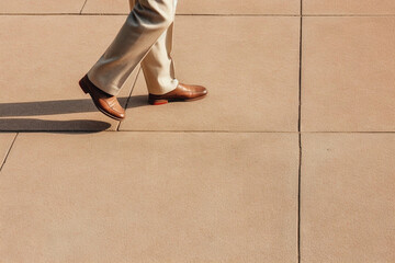 Photo of a man walking on a lonely street, wearing shoes, cool, realistic