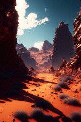Wall Mural - Awe-inspiring landscape of red planet, fantastical terrain complete with jagged mountains and craggy rocks