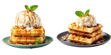 Delicious Homemade Dessert With Waffles Apples And Ice Cream On Transparent Background Table