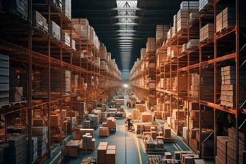 Wall Mural - Interior of a modern warehouse storage of retail shop with pallet truck near shelves