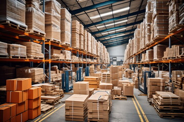 Wall Mural - Interior of a modern warehouse storage of retail shop with pallet truck near shelves