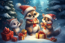 Cute Christmas Animals Post Card Or Background. High Quality Photo