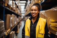 Amidst the organized disorder of a bustling warehouse, a young African woman takes center stage. Enveloped in a high visibility vest, she stands next to a carton box, a testament to her industrious sp