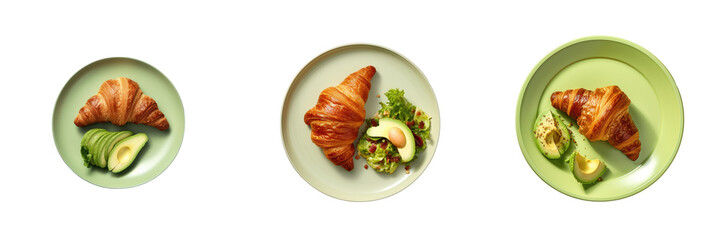 Wall Mural - Croissant and avocado egg toast on a plate seen from above