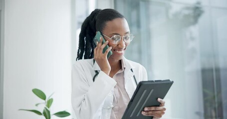 Poster - Doctor, woman and smile with tablet, phone call and consulting for telehealth services, advice or help. Happy african medical surgeon talk on smartphone with digital tech, test results or information