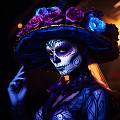 Wall Mural - beautiful catrina skeleton in blacklight style 