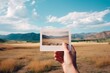 © Yuliia - Close up hand unrecognizable traveler tourist man holding postcard photo image picture photography exact place sightseeing natural landscapes nature meadow field mountains memories vacation tourism