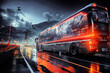 Large red illuminated bus enters a big city at night on a rain-soaked street, made with generative ai