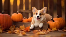 Dog Corgi With Autumn Leaves And Pumpkins Created With Generative AI Technology.