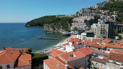 Canvas Print - City of Budva in Montenegro. Aerial view of Old Town. Popular tourist destination in Montenegro. Balkans. Europe.