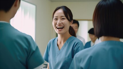 Wall Mural - Smiling asian female veterinarian talking to her colleagues