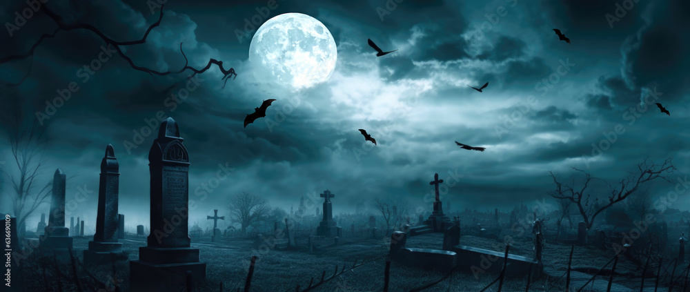 Graveyard cemetery Spooky scary dark Night full moon and bats on dead ...