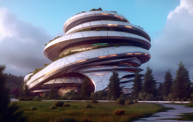 Canvas Print - Futuristic architecture building in the evening created with Generative AI technology